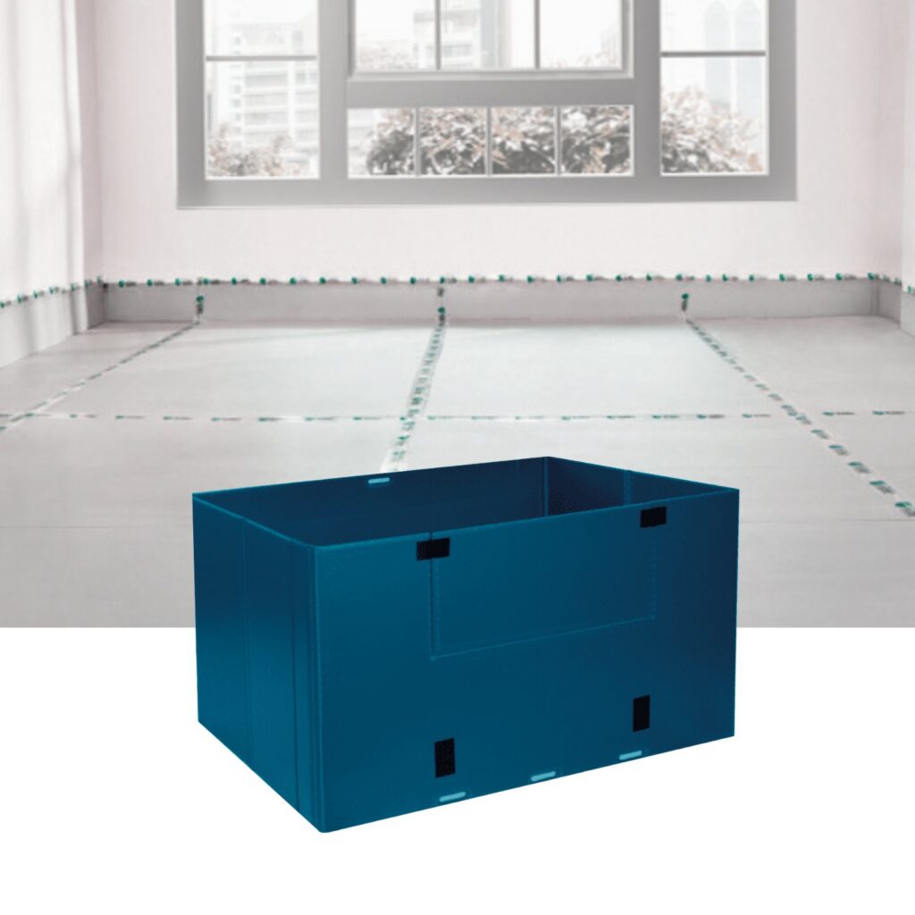 Blue X-type hollow sheet pallet box used in industrial packaging and logistics applications.