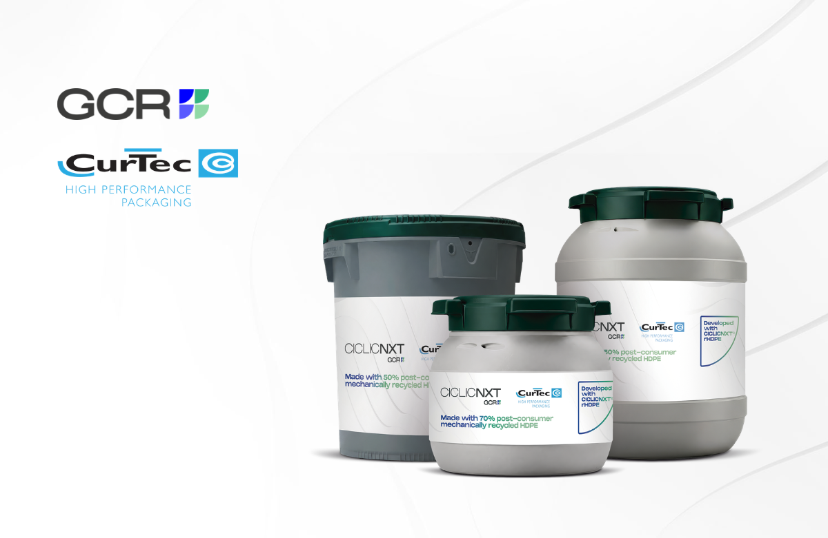 CurTec rigid packaging drums and lids made with CICLICNXT rHDPE