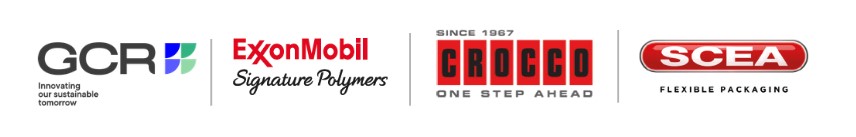 Value chain partners logos of mono PE PCR flexible packaging project: ExxonMobil Signature Polymers, GCR Sustainable Plastic Solutions, Crocco and SCEA Flexible Packaging